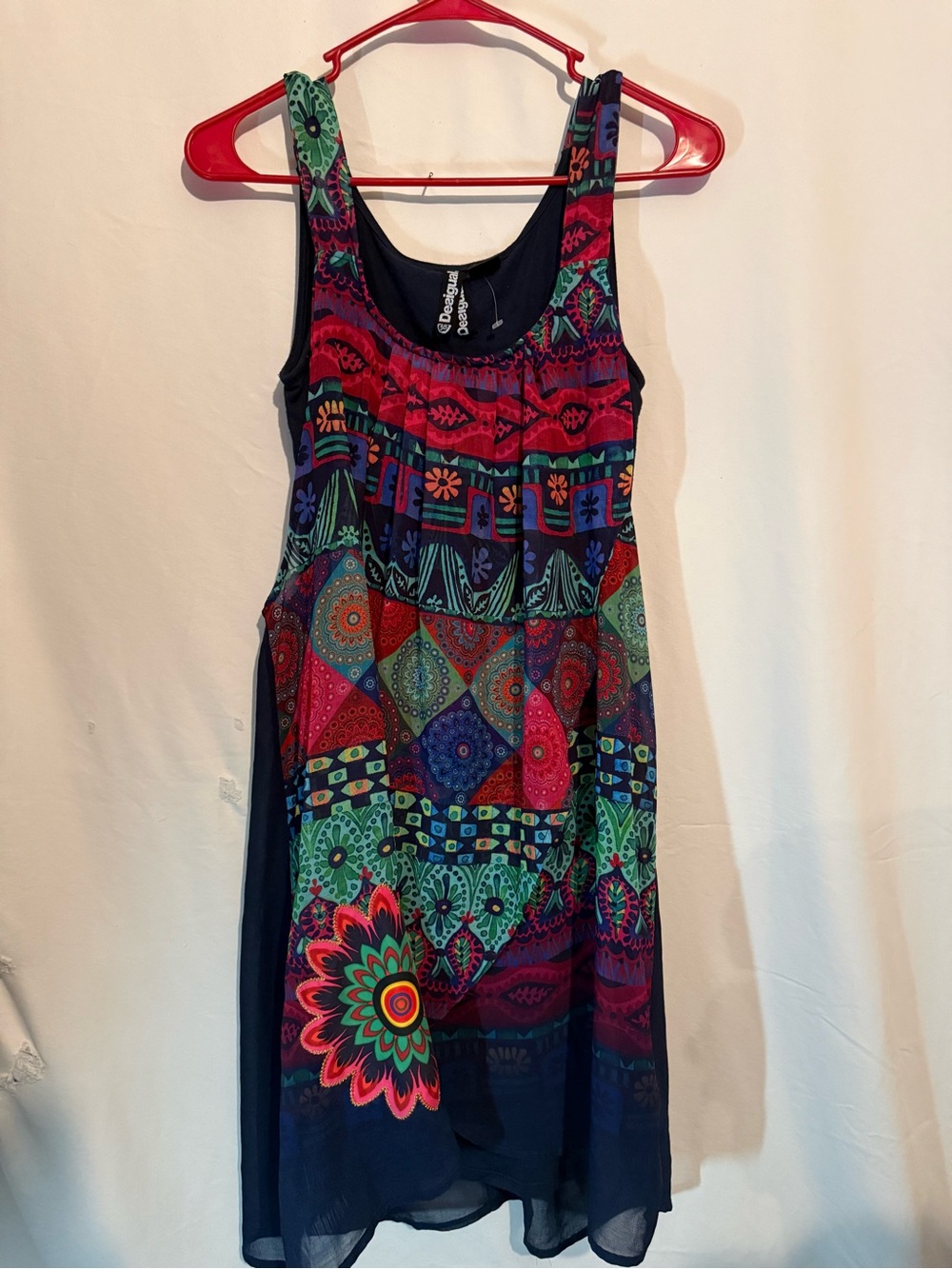 Desigual Womens 38 M Dress Navy Multicolor Floral Boho Sheer Layered High Low